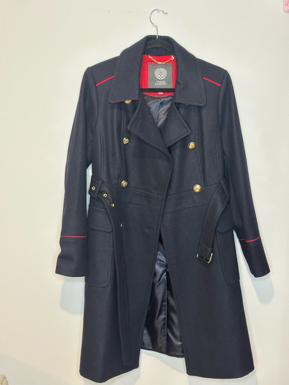 Vince Camuto Wool Navy Double-Breasted Trench Coat with Red Trim Sz S like new - Picture 8 of 12
